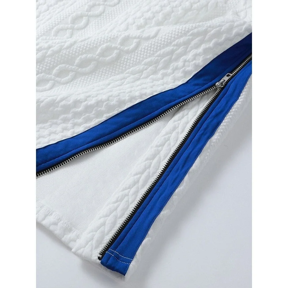 Ador White Cable Knit 2 Piece‎ Maxi Skirt Set Blue Stripe Side Zip Large NWT